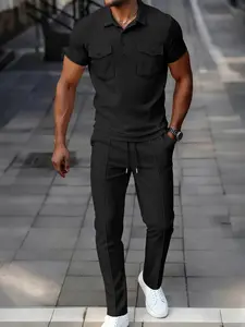 2026 New Men's Suit Set, Christmas Gift, Friday, Textured Muscle Button Summer Clothes, Elastic Pants, Casual Fashion