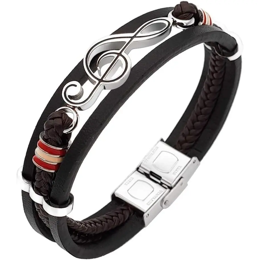 Mens Leather Cuff Bracelet Treble Clef Musical Notes  Wristband Appreciation  for Musician  Teacher
