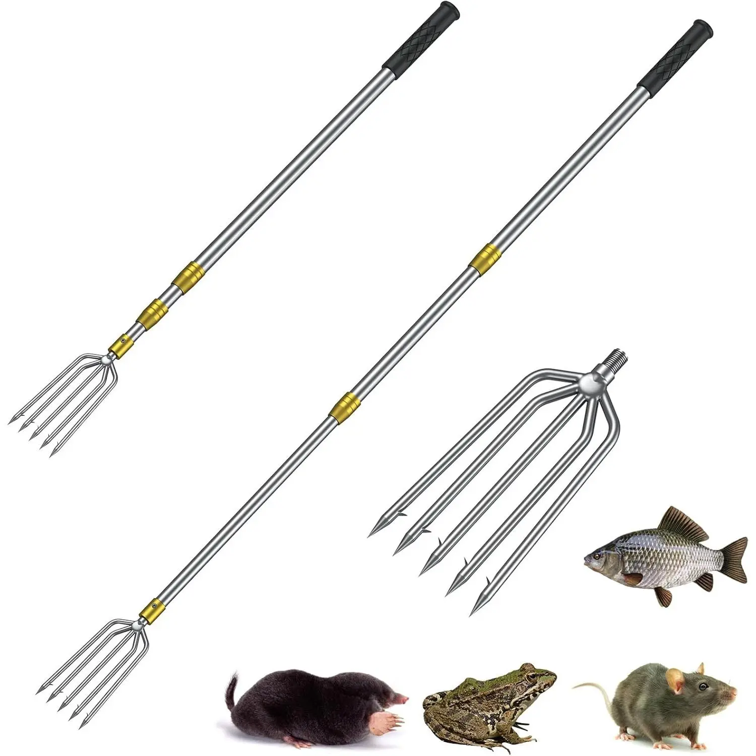 Stainless Steel Fishing Spear Frog Gig Gaff, Strong Flounder Gig with Barbed 5 Prong Tine & Long Pole, Telescopic Fishing Harpoon for Fish Bullfrog Toad Mole & Hunting