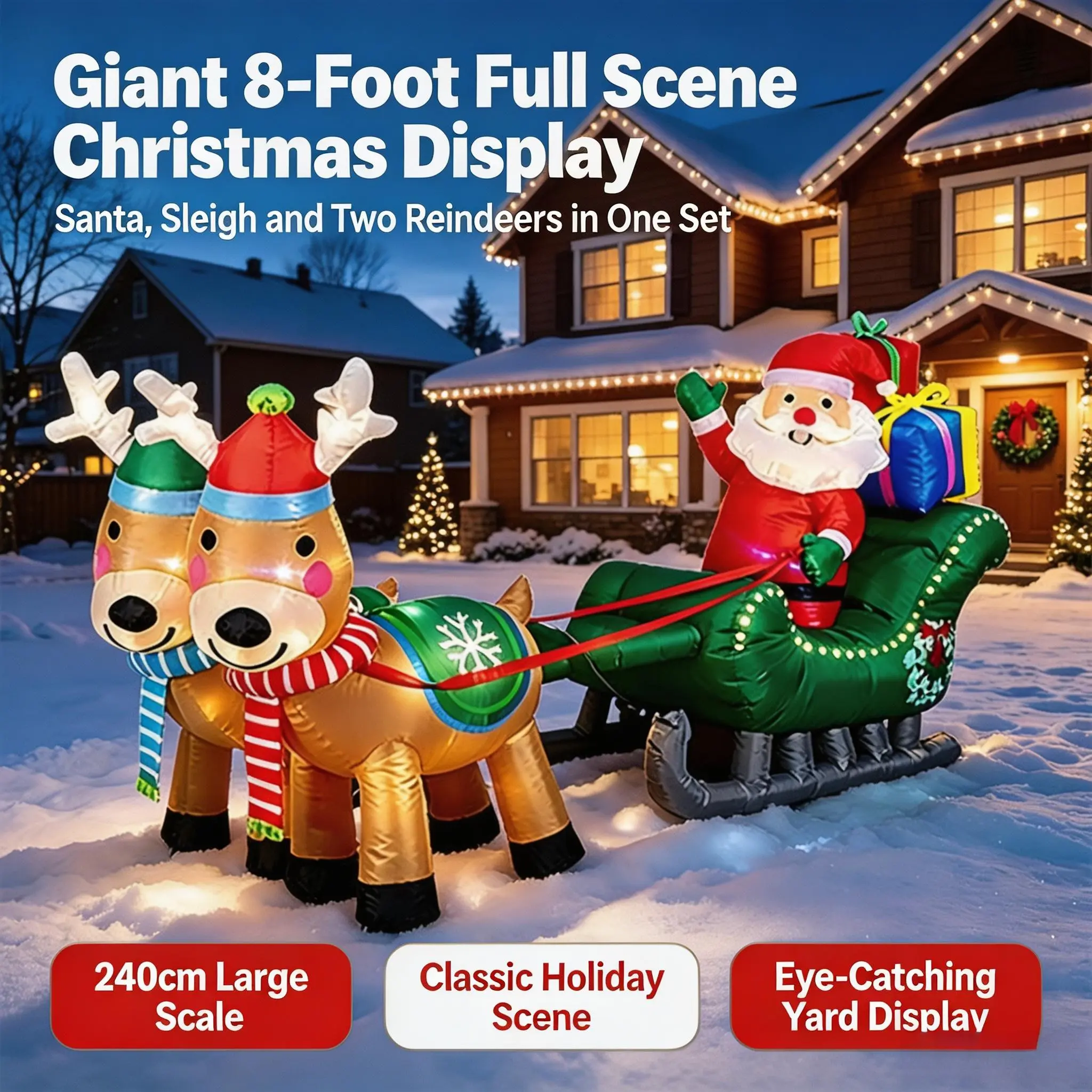 8Ft Christmas Inflatable Santa Claus on Sleigh with 2 Reindeer, Built‑in LED Lights Plug‑in Holiday Inflatable Decoration for Yard Lawn Outdoor Xmas Decor