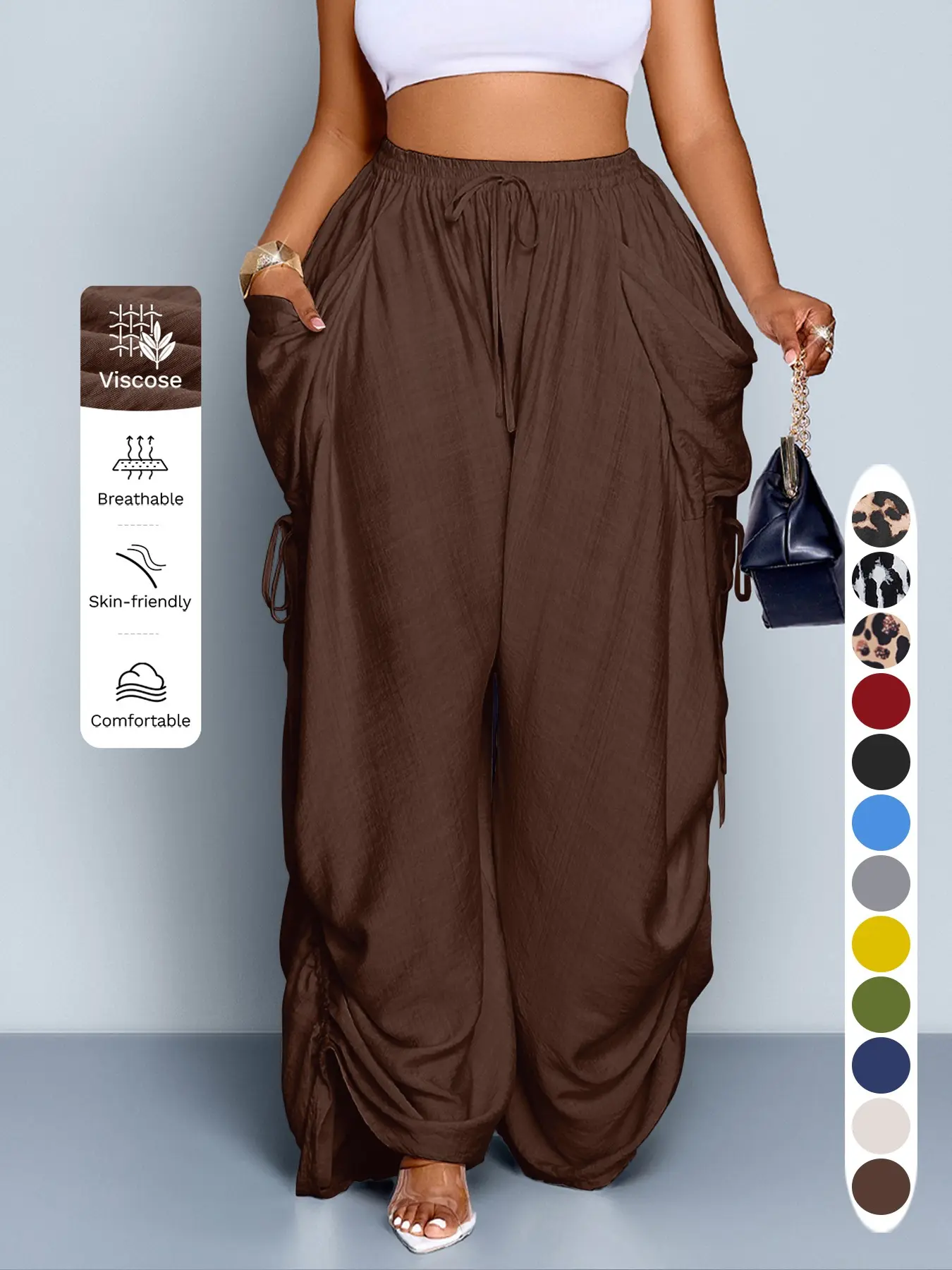 Women's Casual Loose-Fit Wide Leg Pants, All-Season Woven Fabric, Long Plain Design, Daily Commute & Vacation Wear