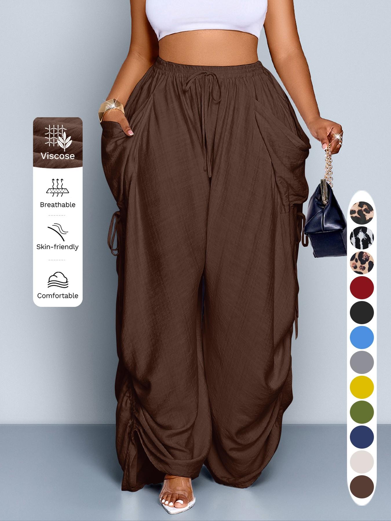 Women's Casual Loose-Fit Wide Leg Pants, All-Season Woven Fabric, Long Plain Design, Daily Commute & Vacation Wear