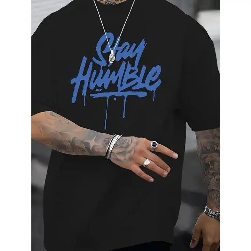 Blue Drip Letter Pattern, Casual Short Sleeve Crew Neck Summer Top, Loose Version T-Shirt, Suitable for Men and Teens, Funk Style, Loose Version, Men's Clothing, Soft T-Shirt machine washable relaxed fit tee breathable clothes