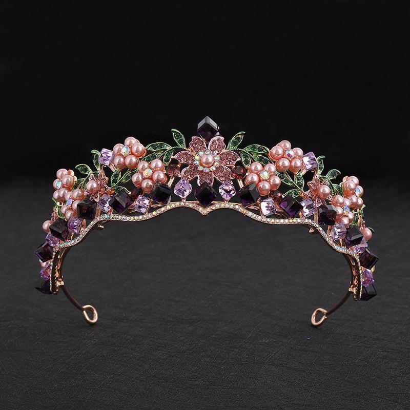 Baroque Purple Crystal Wedding Crown for Women Rhinestone Pearls Tiaras and Crowns Queen Bride Headdress Girls Hair Jewelry