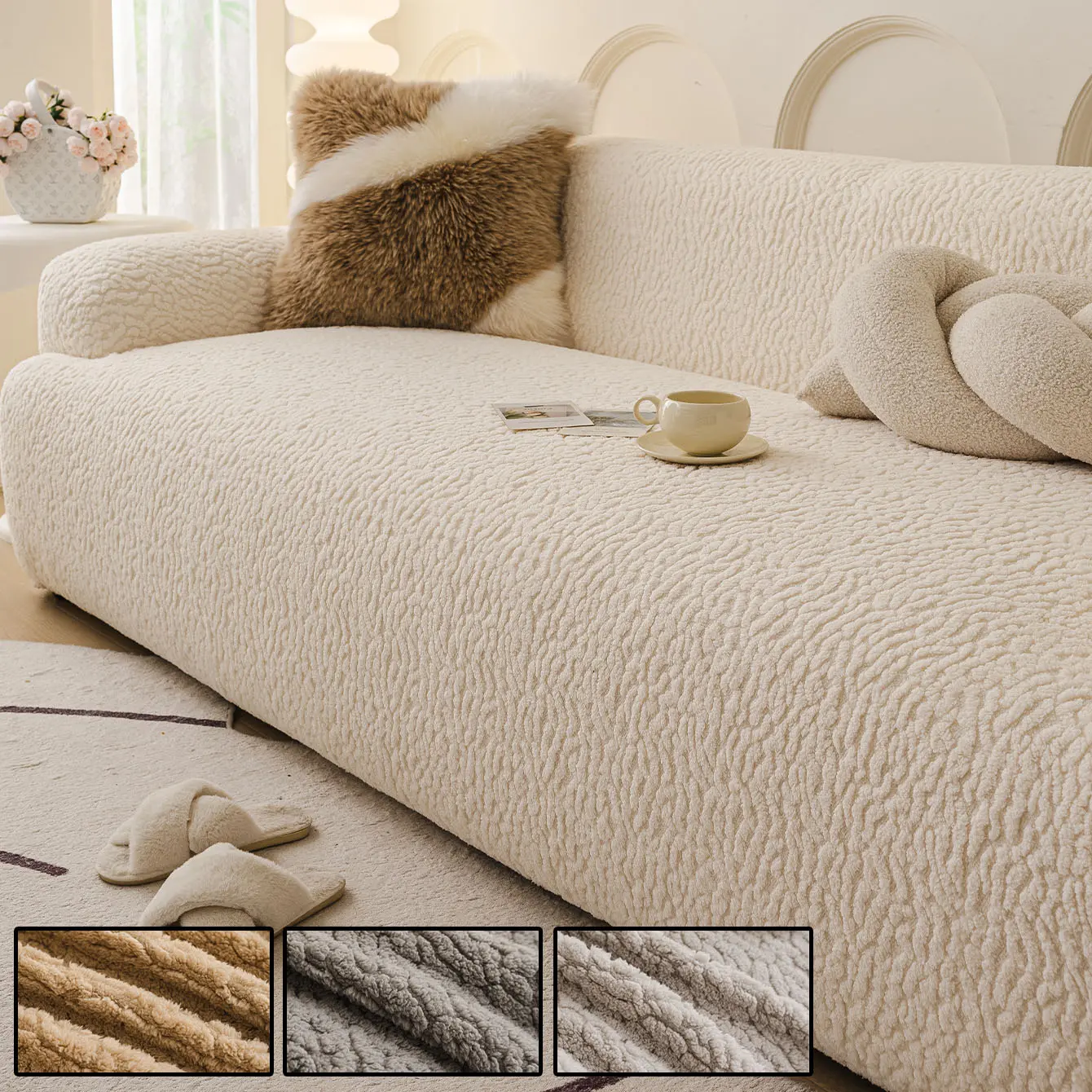 Classic Thick Plush Sofa Cover, Warm Soft Washable Pet Furniture Protector, Autumn Winter Style, Fits Living Room 2-4 Seater Sofas