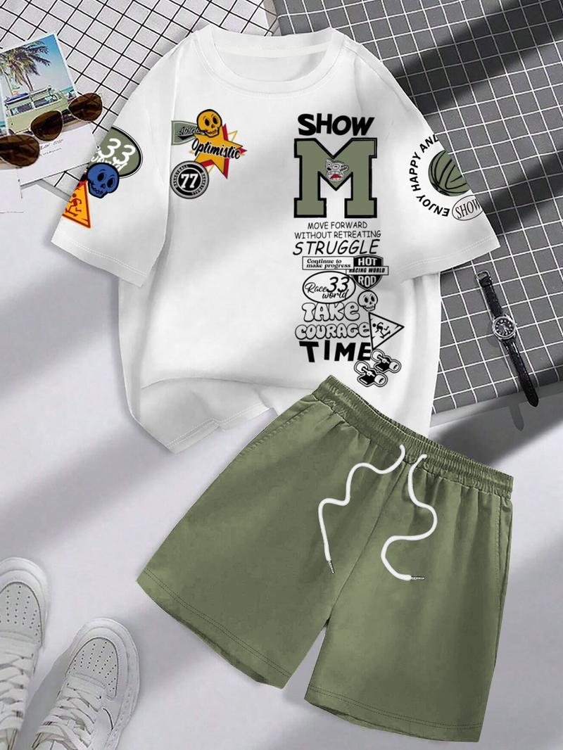 Men's Letter Print Short Sleeve Tee & Shorts Two-piece Set, Regular Fit Round Neck T-shirt & Track Shorts, Casual Fashion Cozy Breathable Men Two-piece Outfits for All Seasons