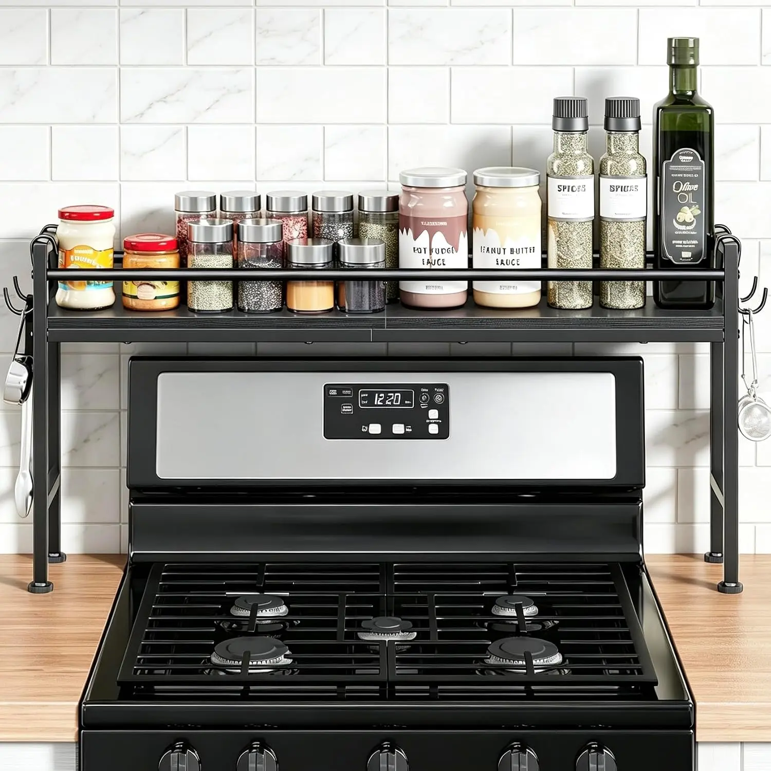 32.4" Wide Over the Stove  Rack with 4 Hooks, Black |  Rack Shelf for Kitchen Stove, Counter Storage Organizer Stand for Storing Spices and Kitchen Utensils