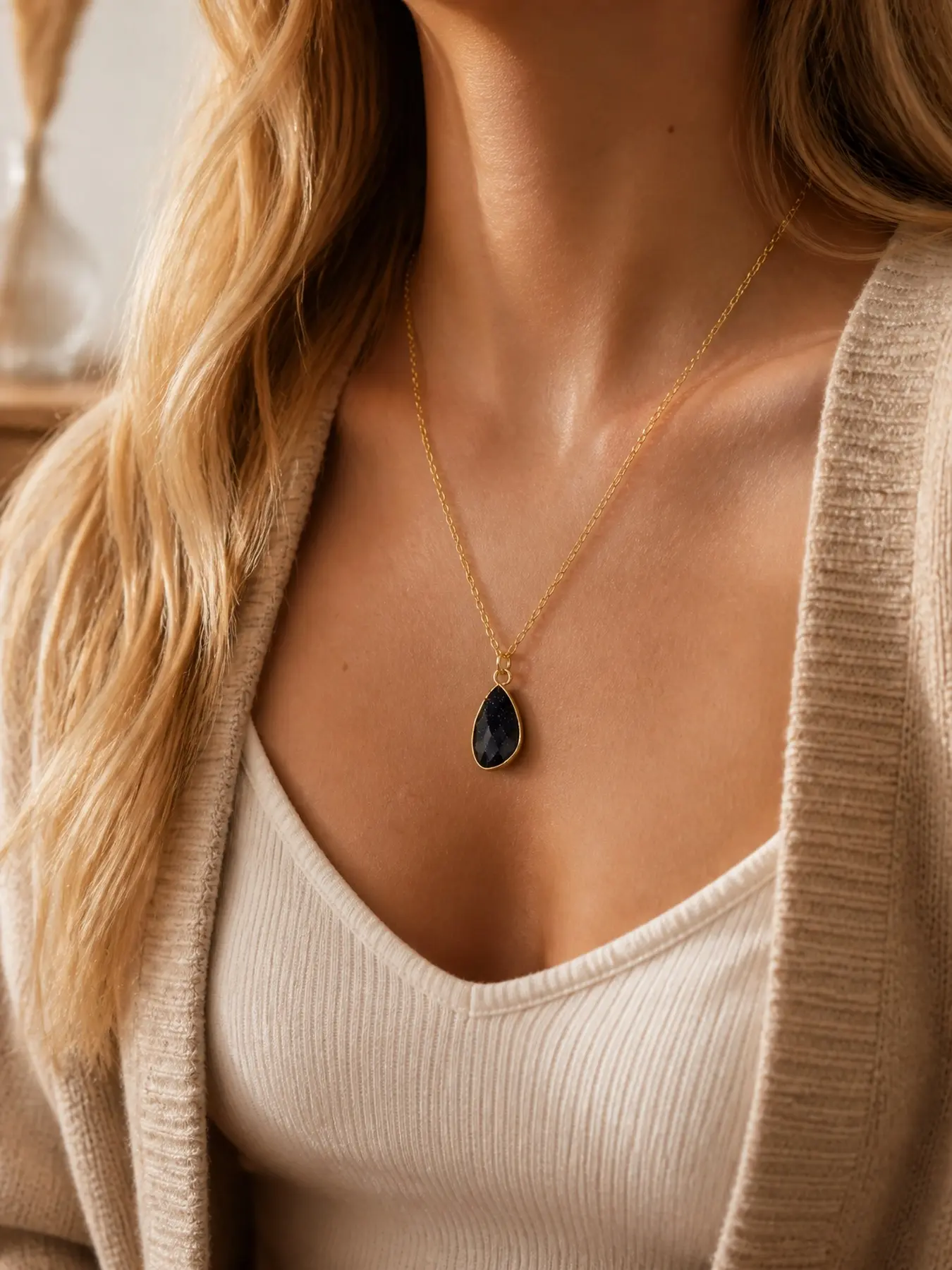 Teardrop Gemstone Necklace for Women, Dainty Gold Pendant Necklace with Elegant Drop Charm, Minimalist Jewelry Gift for Her