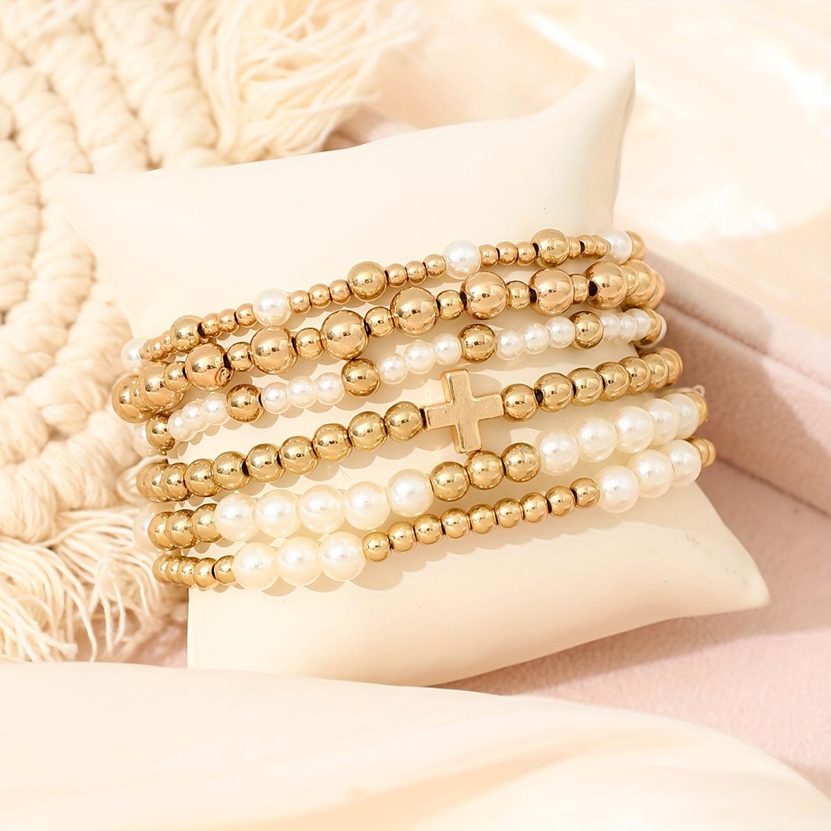 6PCS Elegant Women Imitation Pearl Handmade Bead Bracelet Set Bohemian Elastic CCB Golden Beads Multi-layer Bracelet Vintage Cross Stackable Chain Set