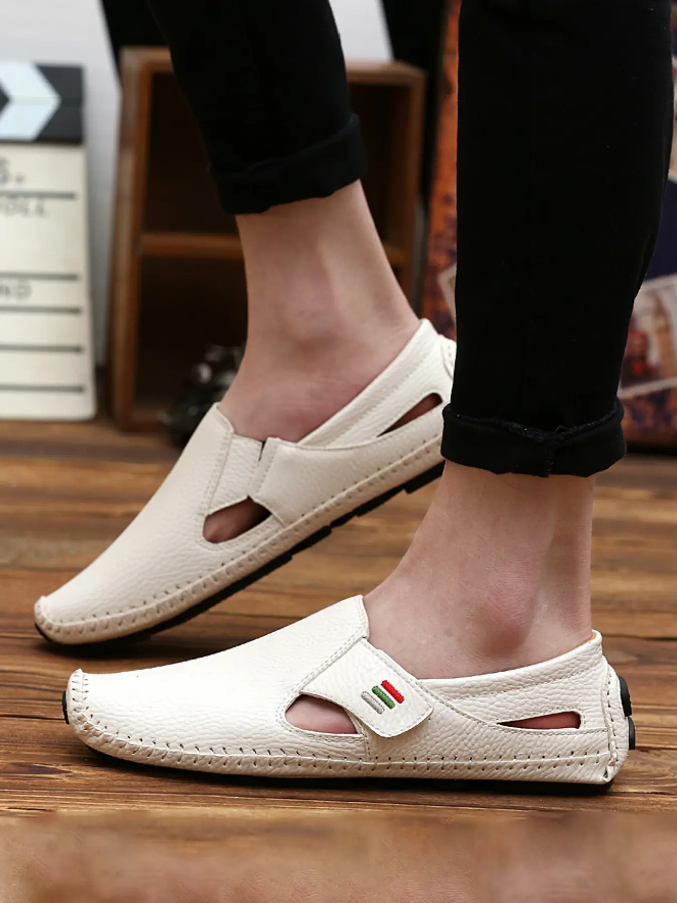 Runs small, size up,Men's Driving Shoes, Breathable Hollow Out Hand-Stitched Loafers, Anti-Slip Soft Sole Slip-On Casual Shoes, Daily Commute Versatile Men's Shoes