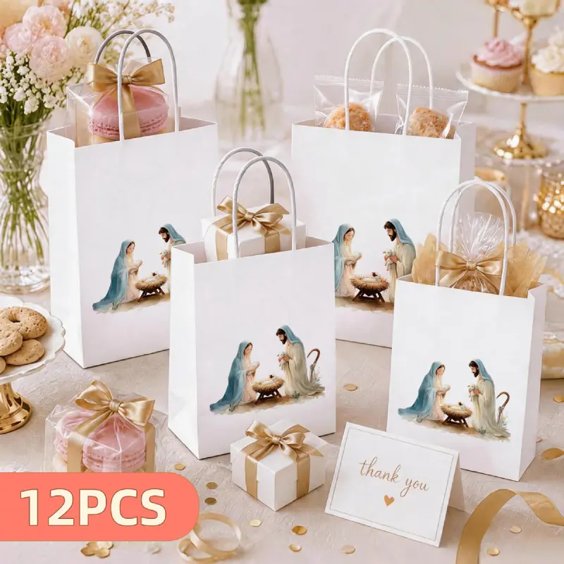 Set of 12 religious-style gift bags with handles and Christmas scene patterns, suitable for baptism and First Holy Communion party favors, size 15X8X 21cm