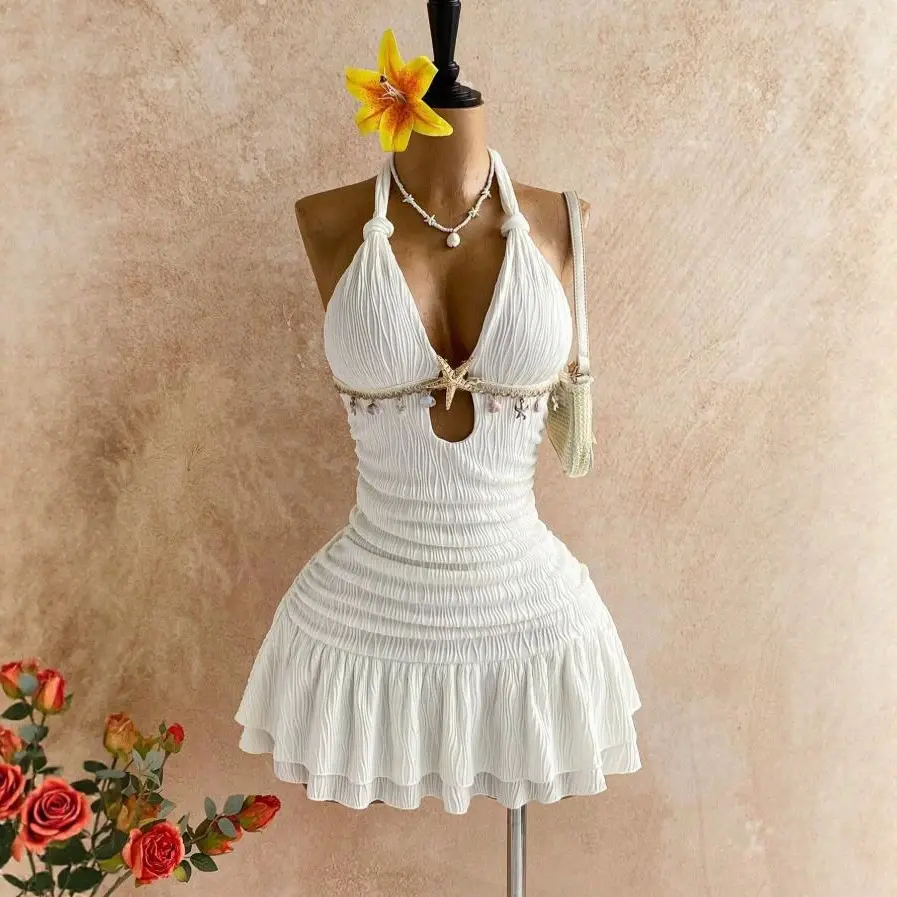 Women's 2026 New Halter Twist Backless Mini Dress - Starfish Shell Metal Beaded Decor, Ruched Bodycon Short Dress for Beach Vacation, Party
