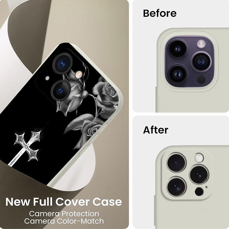 Rose Cross Pattern Straight Edge Phone Case for iPhone 16 15 14 Pro Max 13 12 11 XR XS Plus Shockproof Full Camera Protection Durable slim Silicone Cover