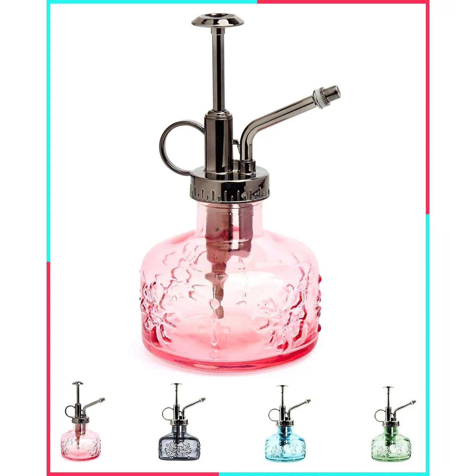 Glass Plant Mister Spray Bottle Pink 180ml/6 oz | Mini Watering Can for Indoor Plants Succulents Tall Vintage Style with Bronze Plastic Top Pump