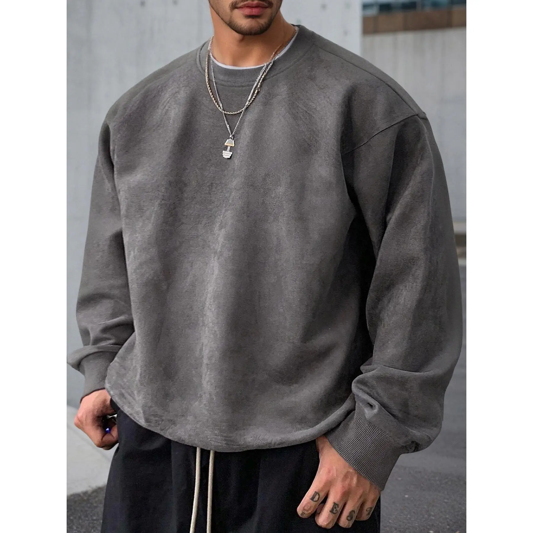 Vintage suede texture crew neck long sleeve sweatshirt with ribbed cuffs and hem, loose oversized soft brushed fabric relaxed casual silhouette minimalist streetwear staple for understated modern mensfashion styling