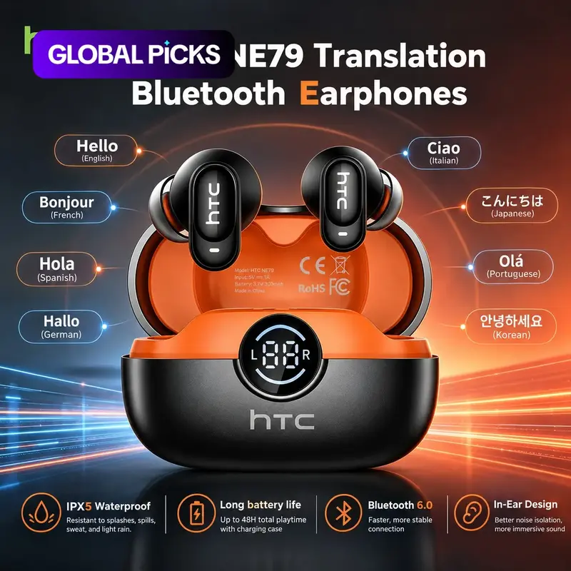 HTC NE79 TWS Earbuds, Audio Wireless Earbuds, BT 6.0, Waterproof In-Ear Wireless Earphones, Built-In Mic for, Office, Sports #GLOBAL PICKS