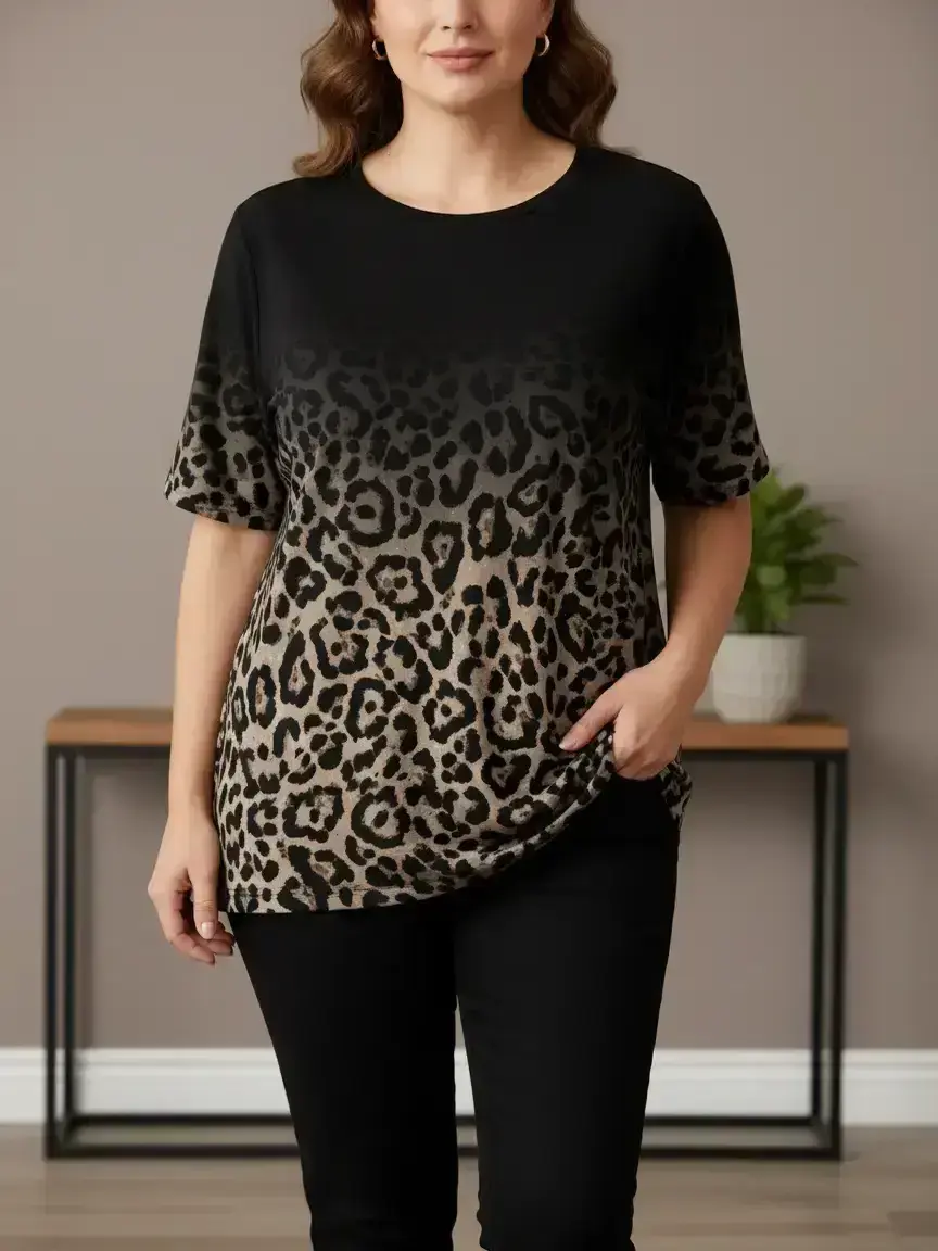 Women's Plus Size Casual Leopard Print Short Sleeve T-Shirt, Top, Polyester Blend Round Neck, Medium Stretch Knitted Fabric, Aesthetic Fashionable Comfort Fit for All Seasons