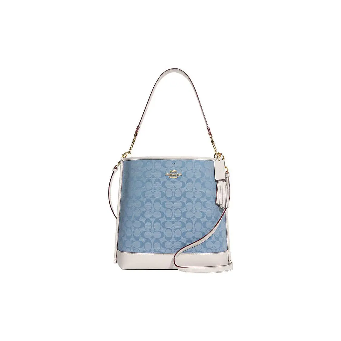 COACH Mollie Buckle-Clasp Bucket Bag for Women – Classic Logo Chambray and Smooth Leather – Blue