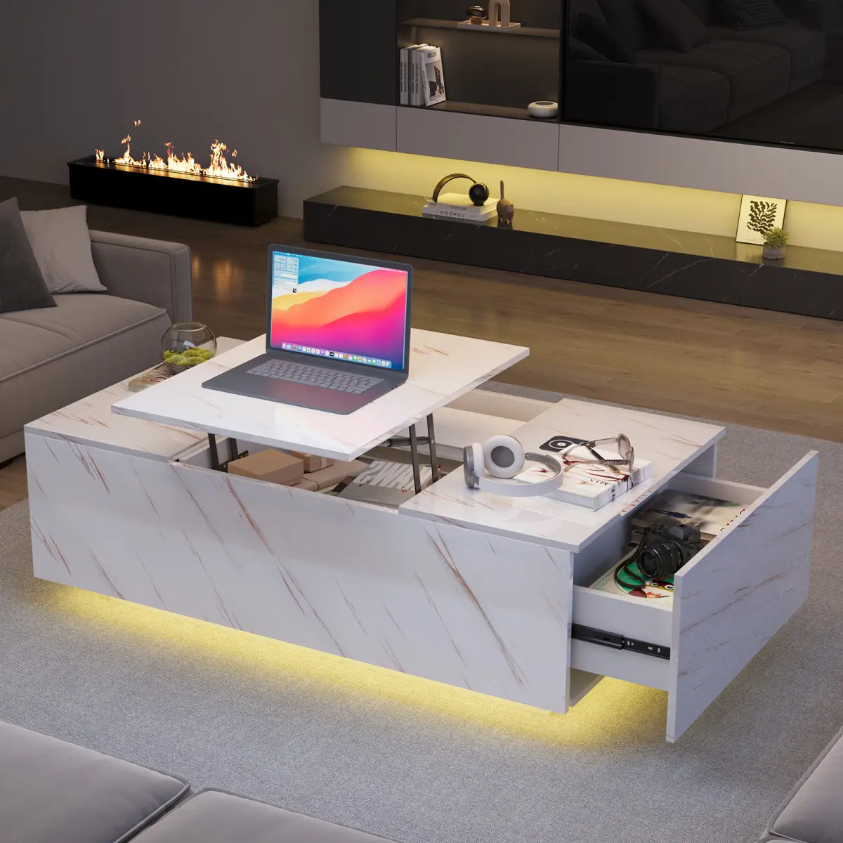Modern White Metal Frame Lift Top Coffee Table with Hidden Compartment, 24-Color LED Lighting, Wireless Charger, Charging Station, Bluetooth Speaker, Remote Control, USB Port - Clean Aesthetic Living Room Furniture, Computer Desk for Watch Parties, Dining