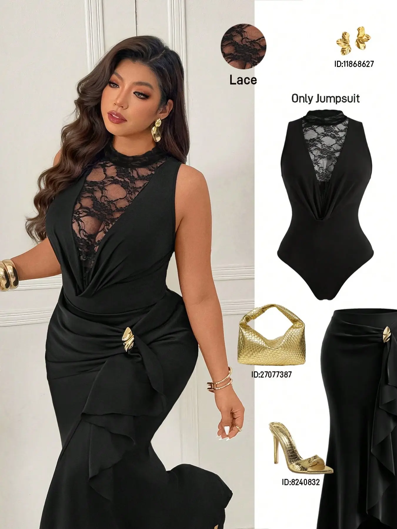 Plus Size Women's Half High Neck Lace Patchwork Sleeveless Jumpsuit, Solid Color Knit Twisted Deep V Chic Elegant Sexy Curve Night Out Top