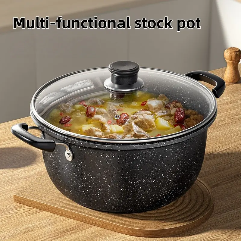 1pc cast‑iron cookware with a transparent glass lid and heat‑resistant handle design. Easy to clean, compatible with multiple stove types and suitable for various cooking methods. Non‑stick cookware set Stew Pot