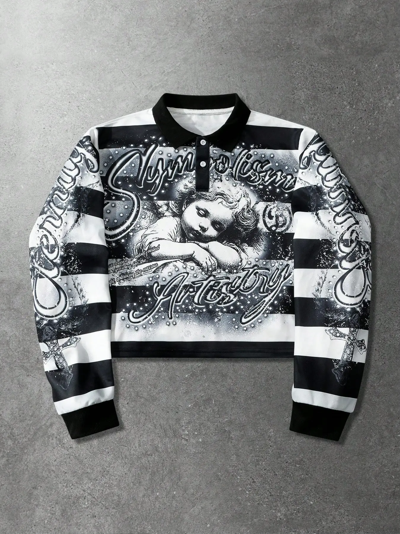 1pc Men's Y2K Grunge Striped Casual Long Sleeve Polo Shirt Graphic Eye Print Oversized Rugged Streetwear Clothing Top Retro Cyber Gothic Pullover for Men