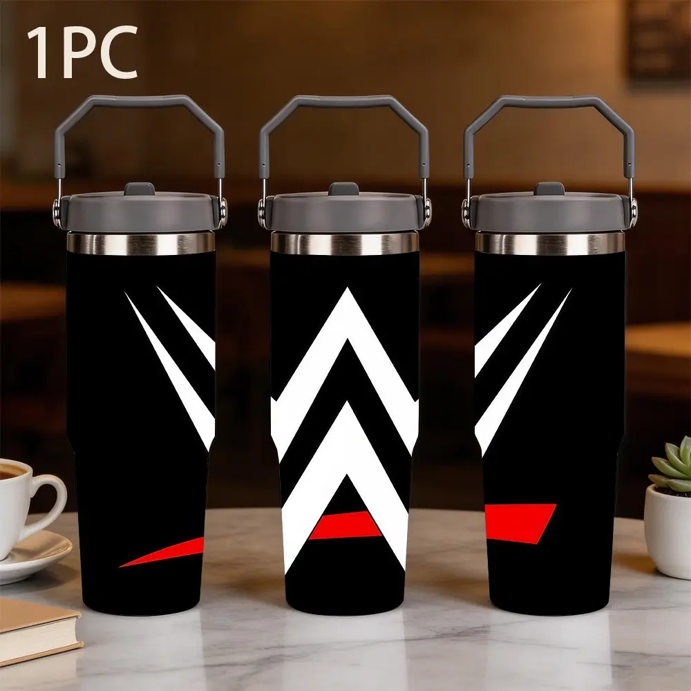 1pc 30oz large-capacity portable insulated cup with the iconic double W red background pattern of wrestling entertainment. It features a pure black background, sharp white W letters and red ribbon decorations, with a theme of professional wrestling