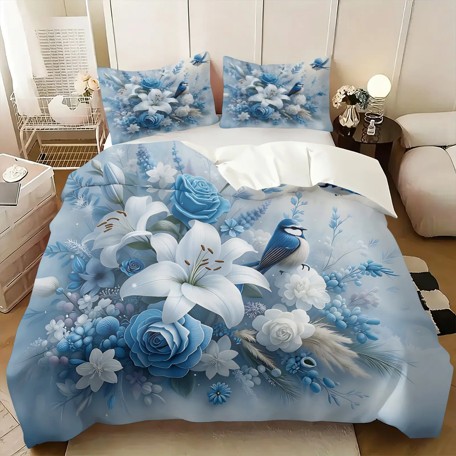 Pastel Blue Floral & Bird Theme Duvet Cover Set, Include One Comforter Cover and 1/2 Pillowcases, Soft Watercolor Lily & Rose Print Quilt Cover, Soft and Skin-Friendly, All Seasons Use