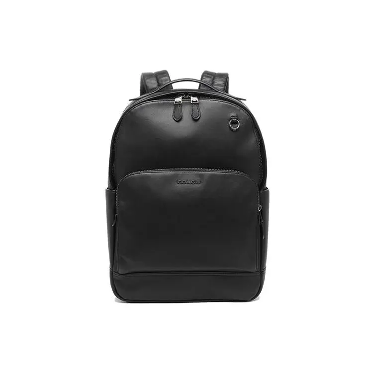 COACH Graham 42 Large Capacity Casual Backpack for Men – Leather, Logo-Embossed, Zip Closure, Black