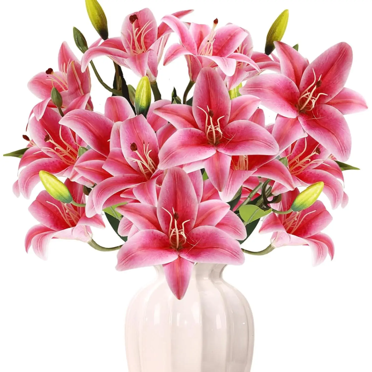 ASTRYAS Lilies Artificial Flowers, Fake Faux Stargazer Lilies with 18 Heads Full Bloom Lily & 6 Buds Real Touch Bouquet for DIY Wedding Home Hotel Table Centerpiece Party Decor Cemetery (Hot Pink)