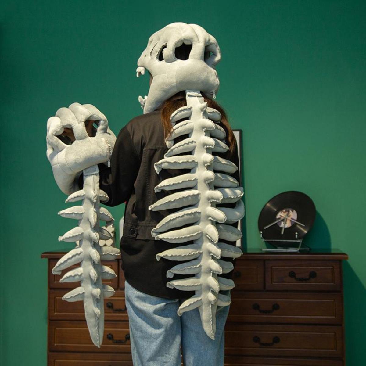 Realistic Dinosaur Skeleton Costume Set for Adults and Kids – Soft Plush Mask Hood with Spinal Backpiece, Wearable Halloween Role Play Party Outfit for Jurassic Cosplay