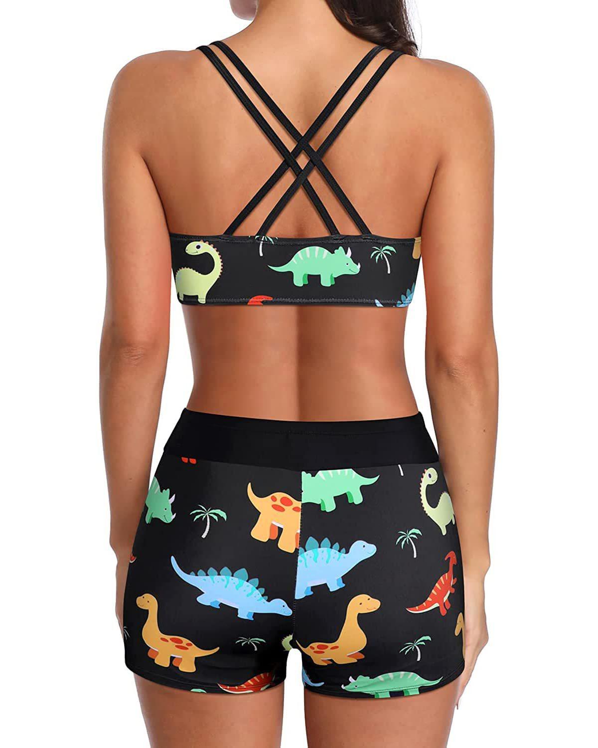 Women's Mint Green 3-Piece Tankini Swim Set - Racerback Tank Top with Floral Boyshorts & Sports Bra for Modest Beach Wear