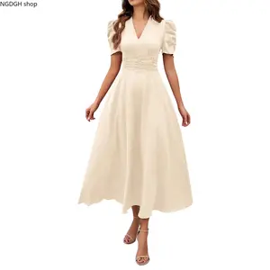 Elegant Puff Sleeve Midi Dress Ruched Waist Pleated - Lightweight V Neck A-Line Flowy Sundress with Structured Sleeves, Sophisticated Feminine Look for Wedding Guest Vacation Photoshoot & Coastal Summer Gatherings