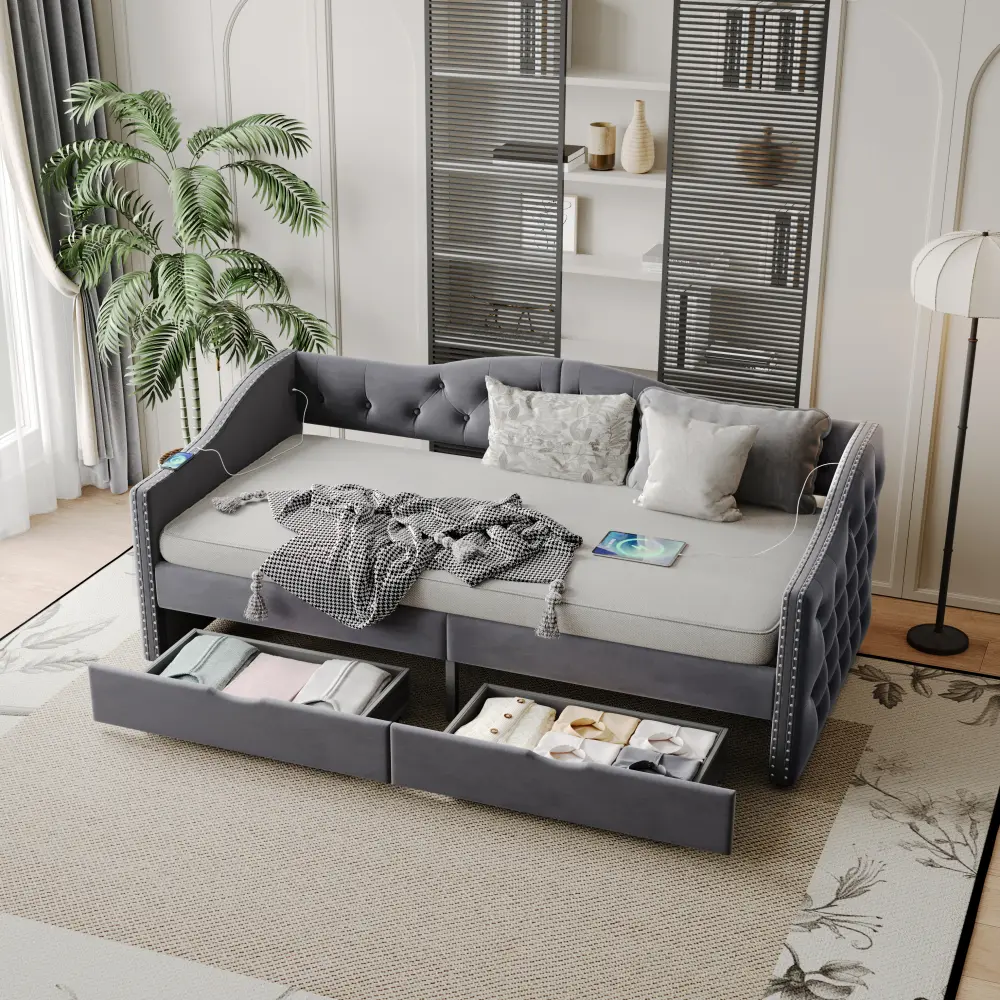 Rectangular Twin Size Wood Upholstered Daybed with 2 Storage Drawers, USB Ports, No Box Spring Needed, Grey