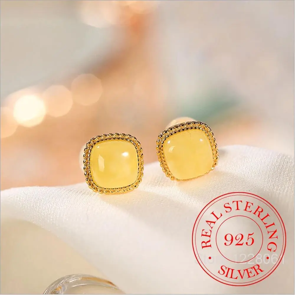 925 Sterling Silver Jewelry Exquisite Yellow Amber Geometric Stud Earrings for Women Wedding Party Jewelry For Friend Gift