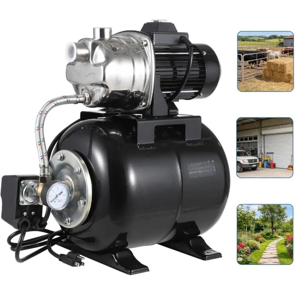 1.6 HP Shallow Well Pump with Pressure Tank, 1320 GPH, Water Jet Irrigation Pump, Automatic Pressure Switch, Stainless Steel, for Home, Farm, Garden & Yard, Black