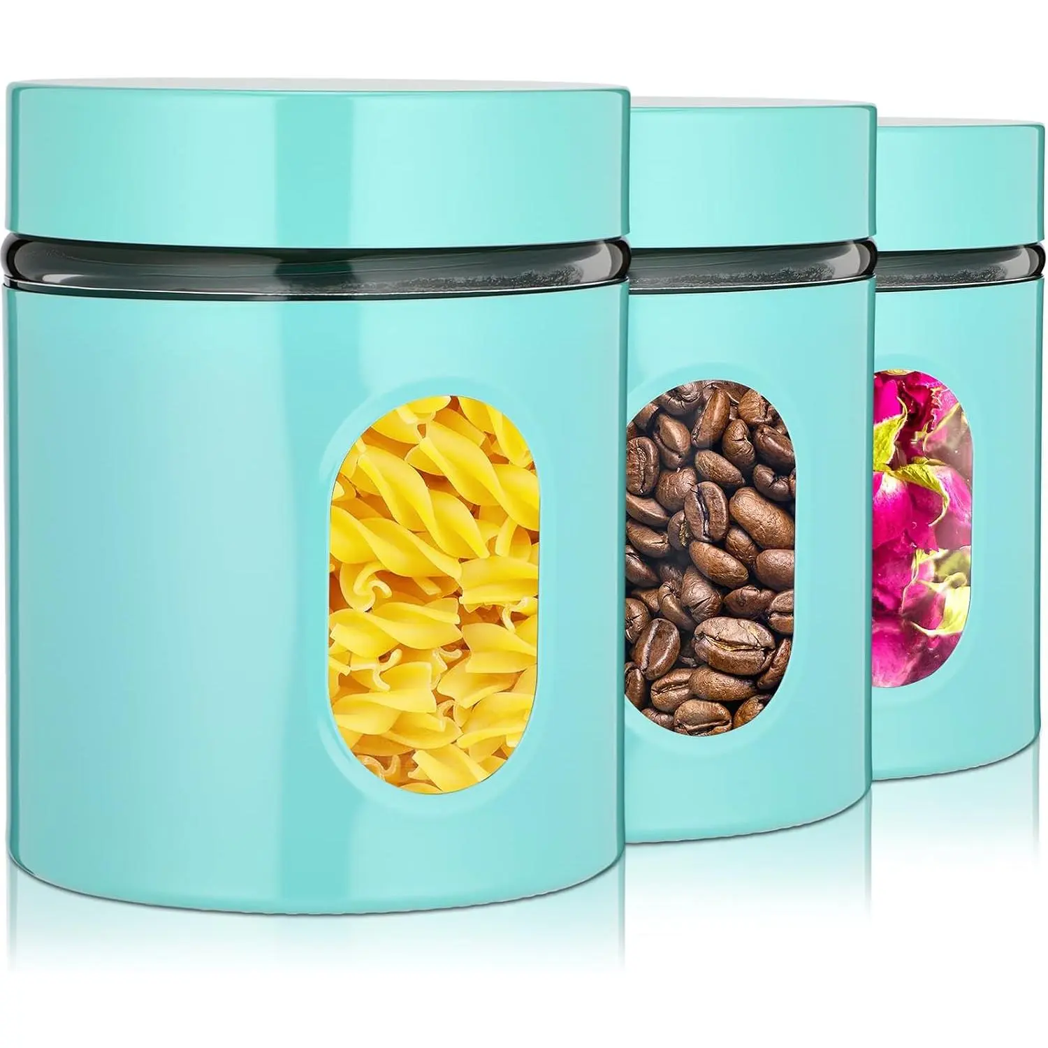 3 count Stainless Steel Canister Set with Glass Windows Visible Storage Jars  Kitchen Canister Set for Pasta Flour Oat Sugar Container, Kitchen Tools, Housewarming Gifts(Turquoise,20 oz)