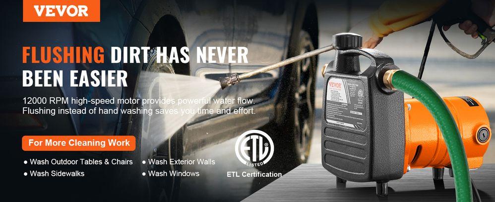 VEVOR Cast Iron Water Transfer Pump, 115V AC 1600 GPH 1/2HP, Portable Electric Utility Pump with Carbon Brush,, Brass Connectors, for Garden, Rain Barrel, Pool, Pond, Tub, Aquarium Draining