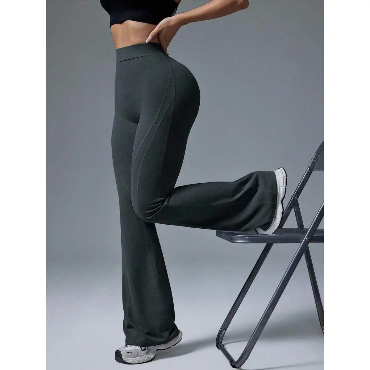 Women's Waisted Solid Color Flared 4-Way Stretch Joggers - Skinny Fit Leg Bottoms, Grey, Khaki, Yoga Wear, Casual Fashion Sweatpants, Basic