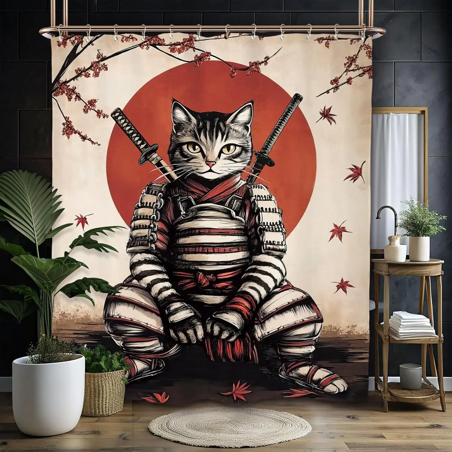 Funny Japanese Cat Shower Curtain Set Animal Samurai Cool Hilarious Vintage Black Red Polyester Waterproof Cloth Bathroom Curtain Retro Ukiyo E Style Aesthetic Restroom Decor Unique Washable Bath Curtains with 12 Plastic Hooks