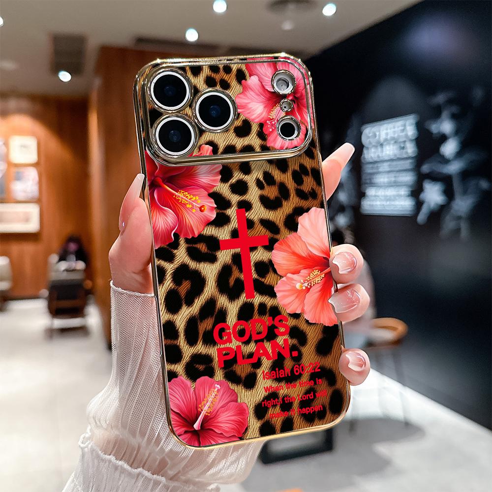 Leopard print and GOD'S PLAN lsaiah 60:22 Pattern Shockproof Phone Case for iPhone 17 Pro Max Air 16 15 14 13 12 11 Plus  Gold electroplated edge texture Full-lens protection Protecitved Cover