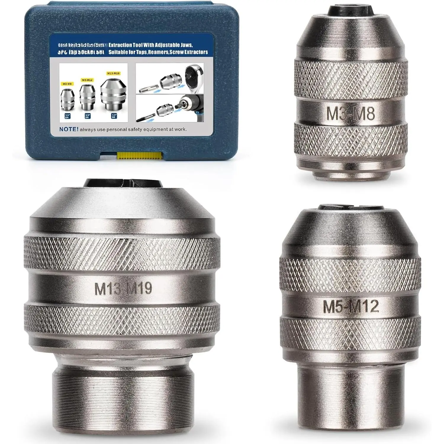 3 count Tap Socket Set for Ratchet Wrench | 1/4" 3/8" 1/2" Drive, Fits Taps, Reamers, Extractors with Square Shank, M3-M19, Cr-Mo Steel