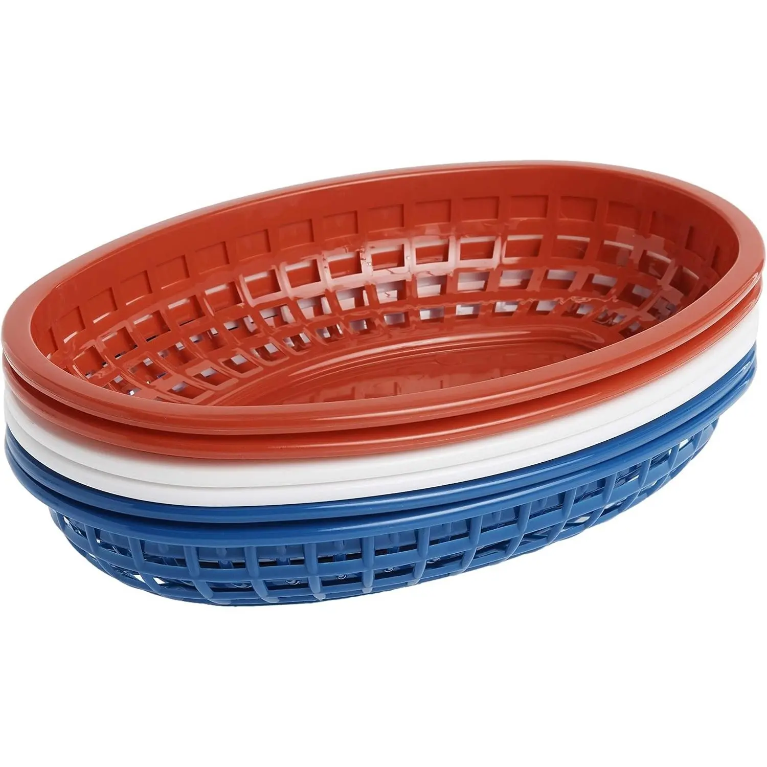 TableCraft BBQ1074RWB 6-Piece Classic Oval Plastic Basket | Chip Holders for Parties | Plastic Food Serving Trays | Small Serving Containers | Bread Trays for Restaurants & Table | Red, White & Blue