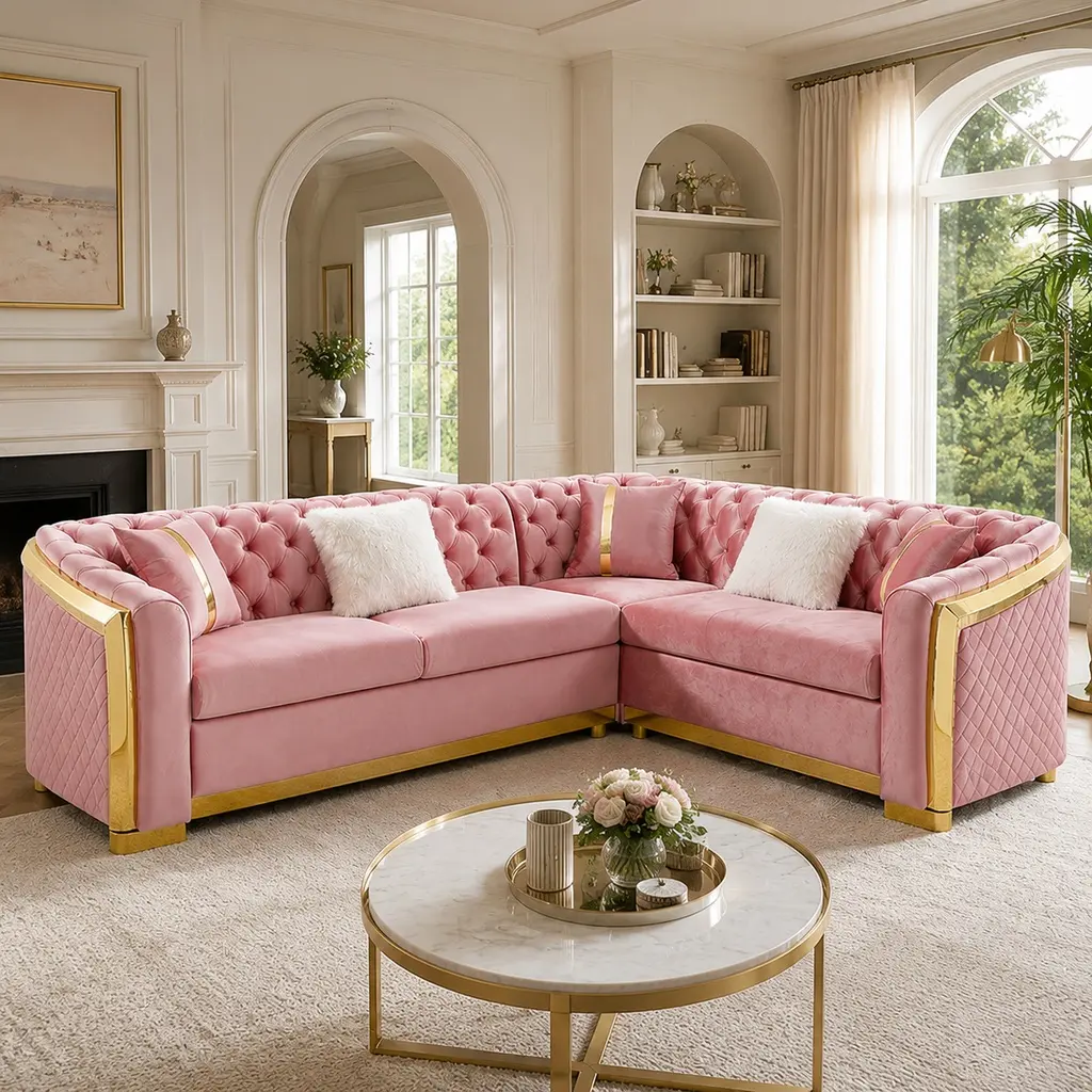 ARCH 106-Inch L-Shaped Chesterfield Sectional Sofa, Velvet Button Tufted Couch with 5 Pillows, Gold Stainless Steel Accents, High-Density Foam-Filled Seat, Rolled Arms, Wood Frame, 258.60 lb, 84.25" W x 105.52" D x 32.28" H, Modern Living Room Sofas, Pink