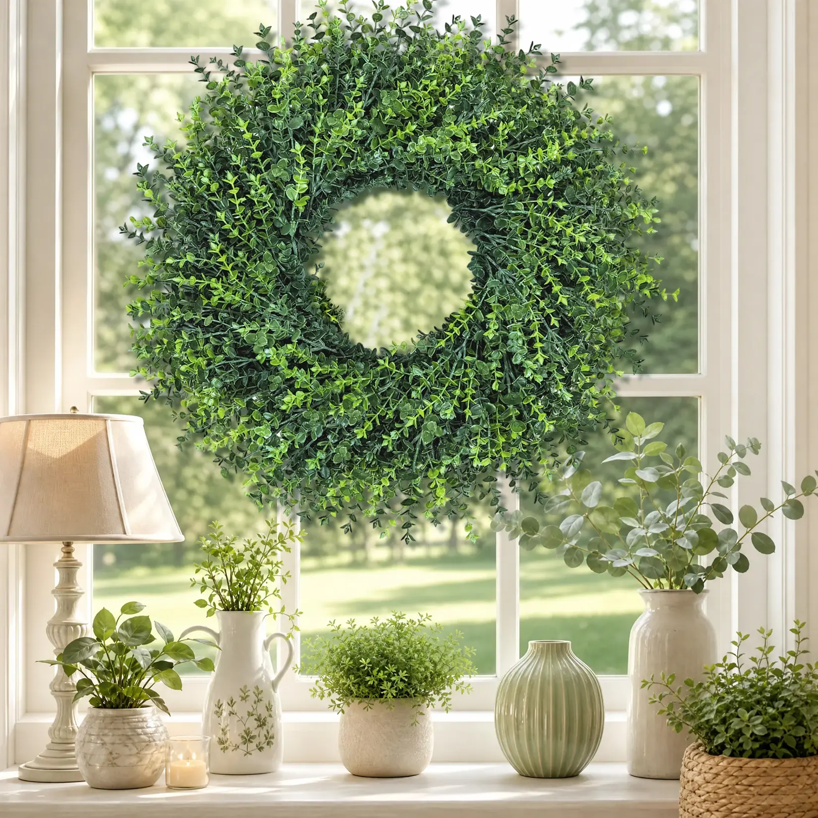 Artificial Boxwood Wreath for Front Door - 20 Inch Green Eucalyptus Summer Floral Decor - Year-Round Plastic Wreath for Home, Wedding, or Party