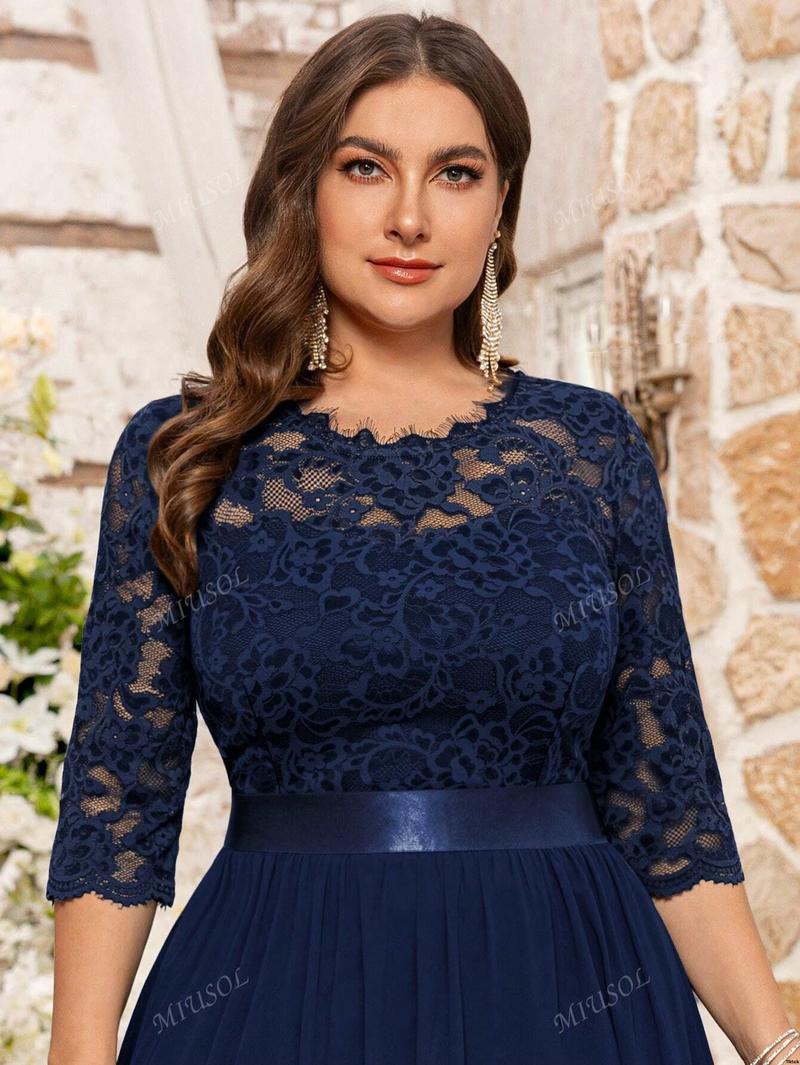 Formal Hem Pleated Elegant MIUSOL Floral Lace Chiffon Party Dress