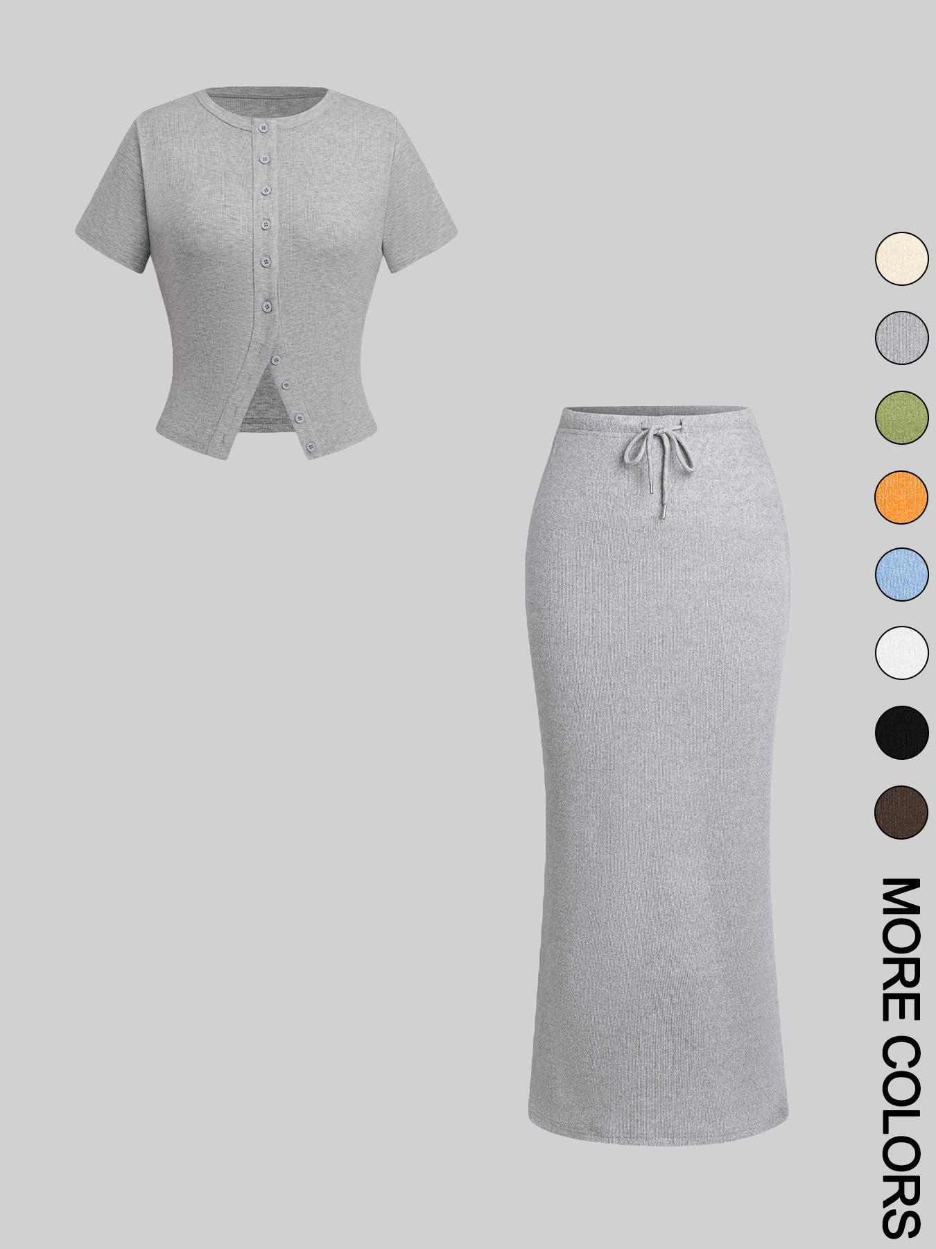 Women's Solid Basic Button Front Tee & Drawstring Split Hem Skirt Two-piece Set, Casual Short Sleeve Round Neck Top & Skirt for Daily Wear, Ladies Two-piece Outfits for All Seasons, Matching Clothing Set Women