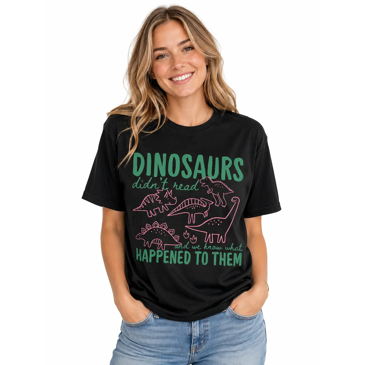Funny Dinosaurs Didn't Read Shirt, Book Lover Teacher Gift,Graphic T Shirt, Dinosaurs Didn’t Read Print 100% Cotton Women’s Crew Neck Tee, Funny Book Lover Short Sleeve Top