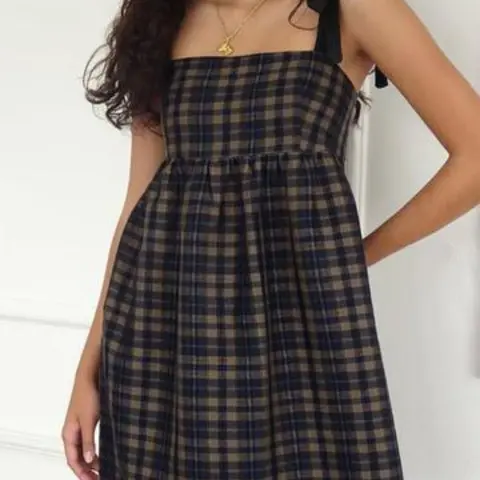 Vintage Checkered Adjustable Strap Sleeveless Dress, Butterfly Knot Shoulder Straps, Loose Fit Belly Concealment, Casual Boho Style Long Dress for All Seasons, Casual Dresses