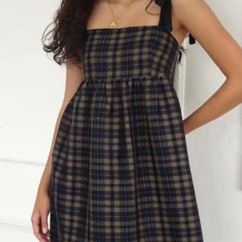 Vintage Checkered Adjustable Strap Sleeveless Dress, Butterfly Knot Shoulder Straps, Loose Fit Belly Concealment, Casual Boho Style Long Dress for All Seasons, Casual Dresses